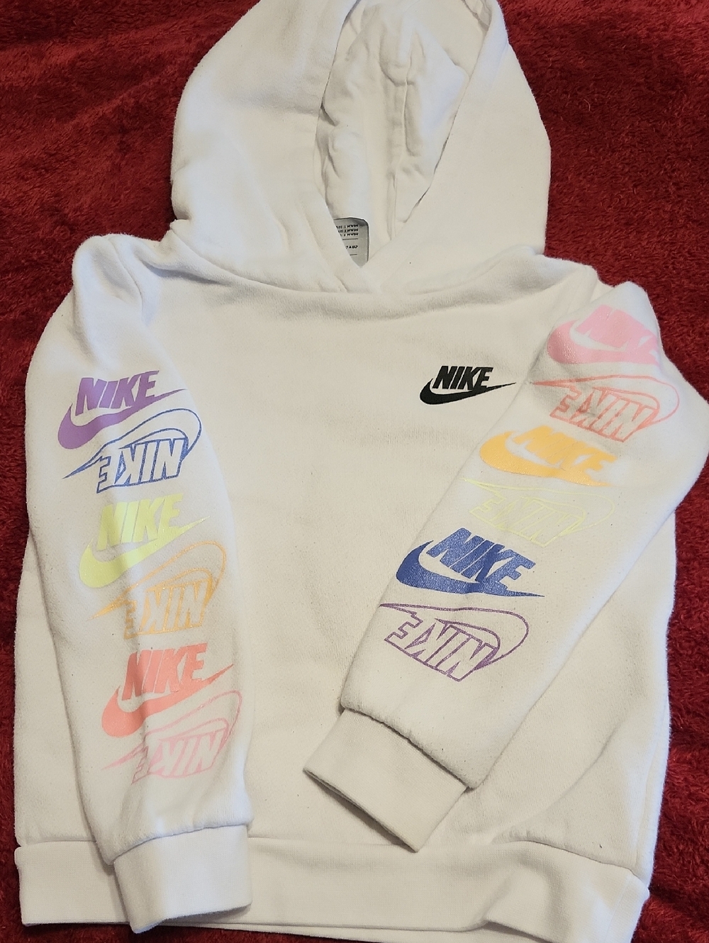 Nike White Kids Hoodie with Rainbow Sleeve Logos